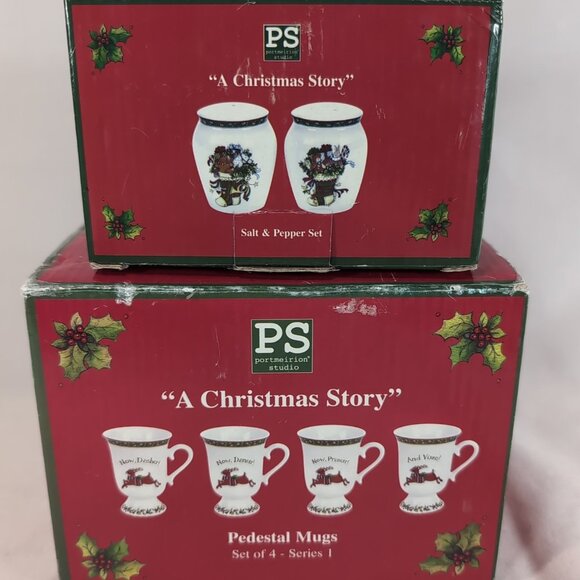 Portmeirion A Christmas Story 4 Pedestal Mugs Salt Pepper Shaker Set Winget - Picture 5 of 16